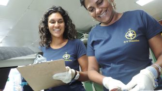 Dr Diva Amon (left) and Professor Judith Gobin (right) measuring some of the Bathymodiolus mussels sampled from the cold seeps.