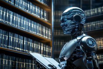 Digital illustration of a mannish robot-like character looking at books in a futuristic library 