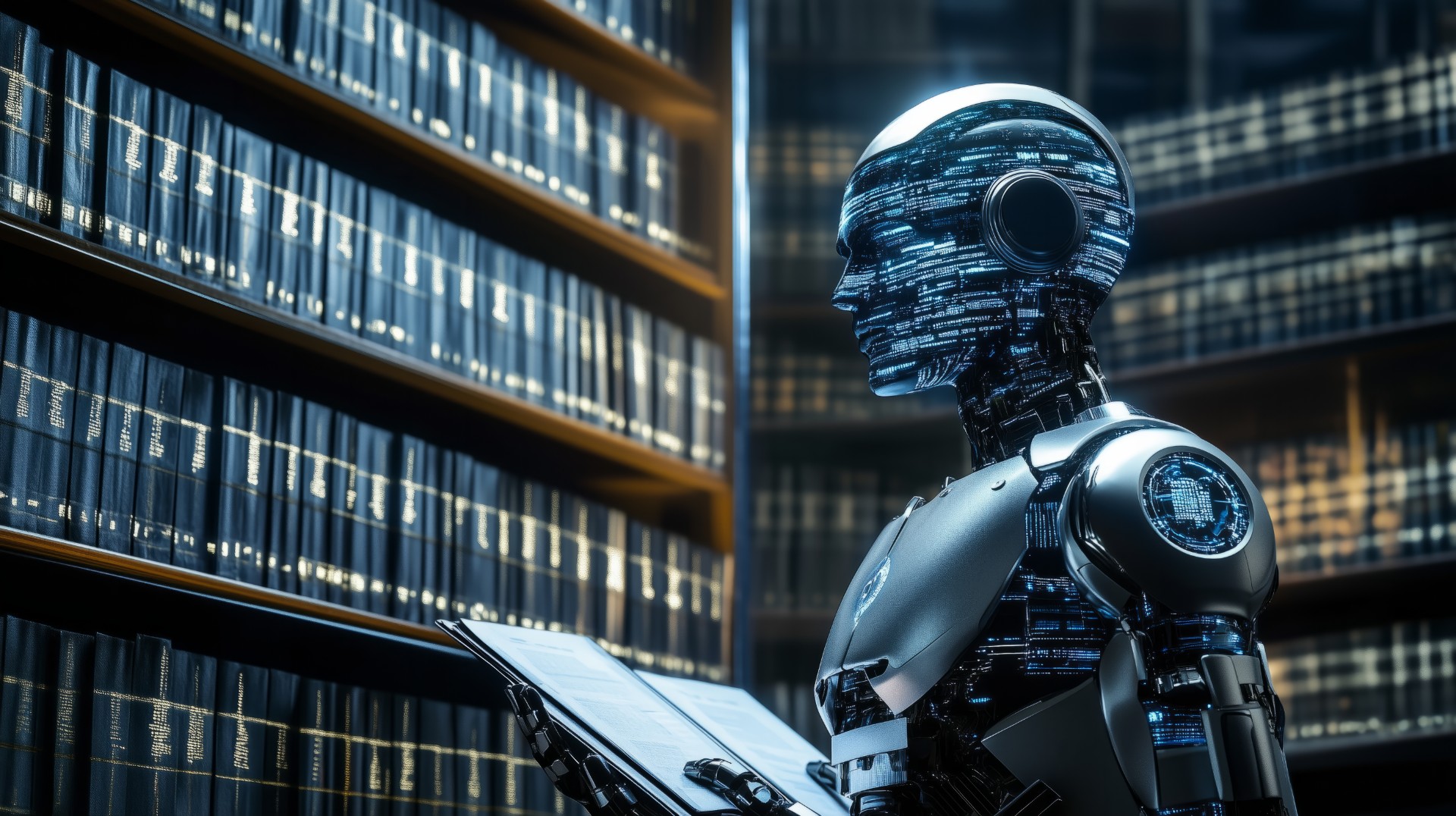 Digital illustration of a mannish robot-like character looking at books in a futuristic library 