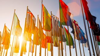 Group of many colorful internationl world flags waving in the sky at sunset, with shining sun and lens flare, low angle view.