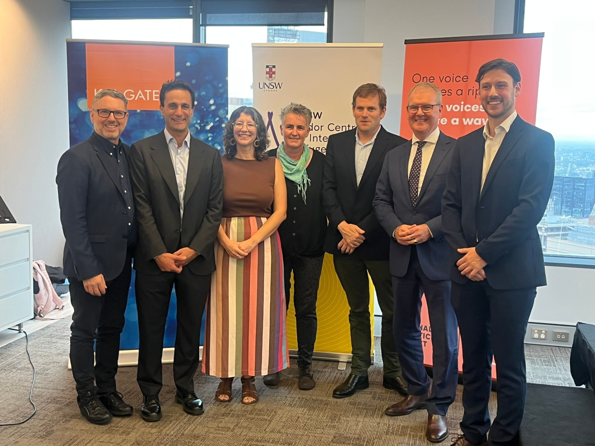 Hear Me Out launch event Left to right - George Newhouse, CEO, National Justice Project Professor Daniel Ghezelbash, Kaldor Centre/UNSW Law & Justice Ariane Dozer, Head of Projects and Innovation, National Justice Project Heike Fabig, disability activist and MRes student at Macquarie University Simon Goodrich, Co-founder, Portable The Hon Michael Daley, NSW Attorney General Dean Moutopoulos, Project Lead, Hear Me Out/National Justice Project