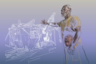 Melanesian man and child standing in front of damagedhouse