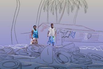 Illustration of woman and man standing in front of house