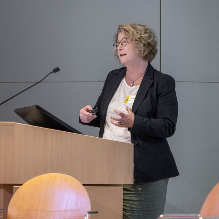 A speaker presenting on stage from the podium