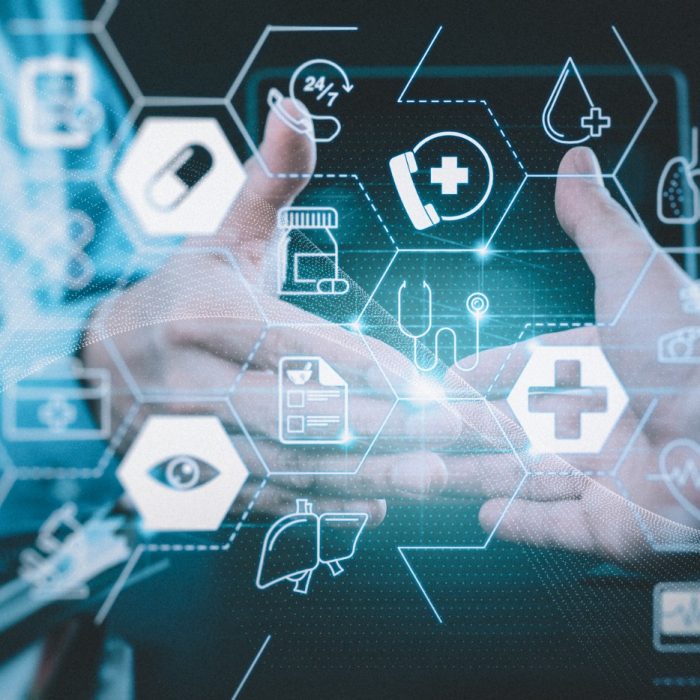 Health care and medical services concept with flat line AR interface.Medical and health care concept,Doctor and patient shaking hands in modern office at hospital