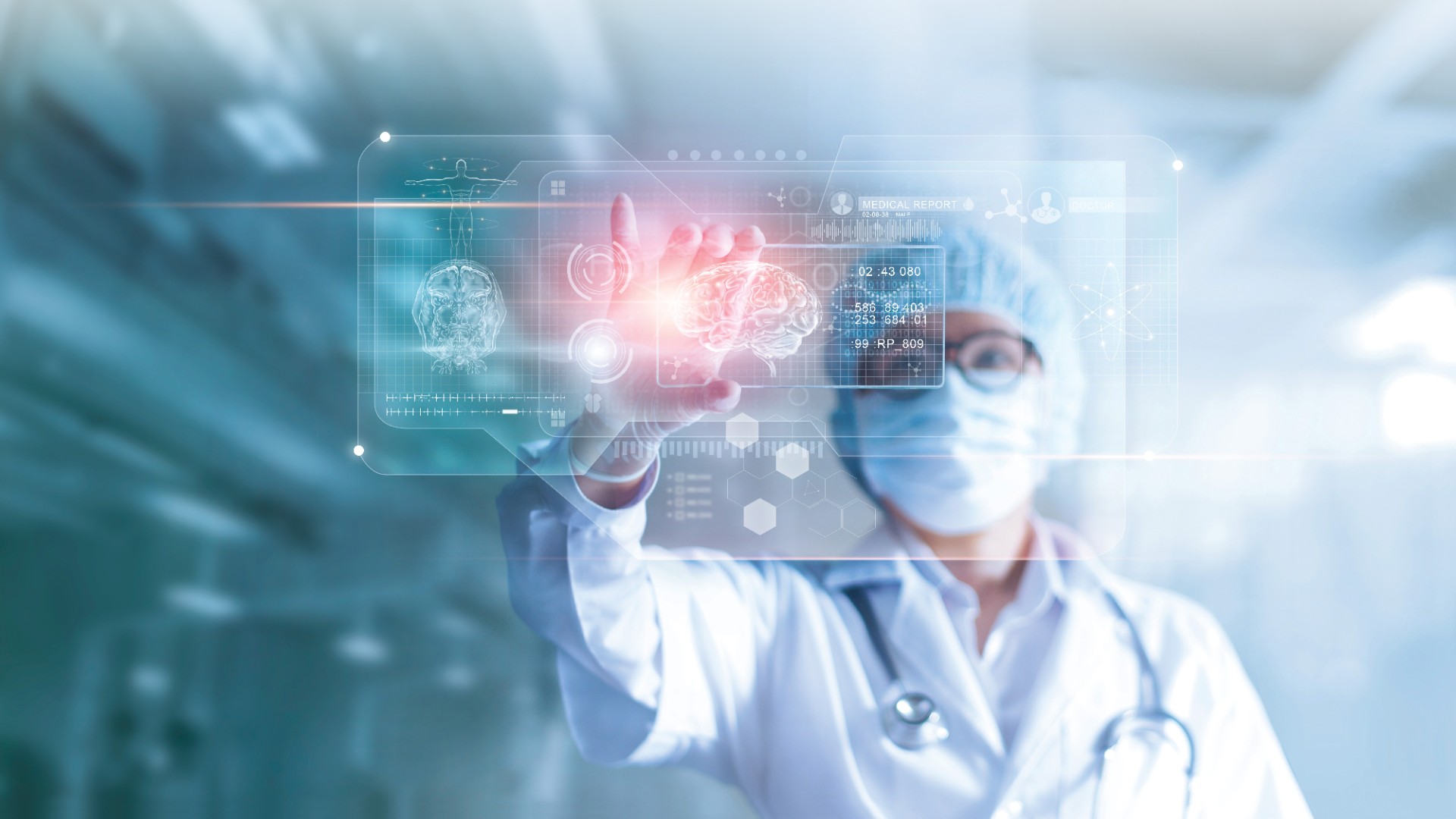 a clinician looking at a virtual picture of a brain