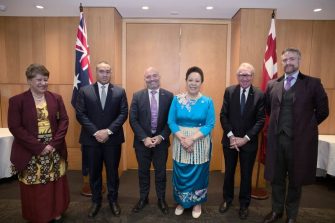 Acting Tonga High Commissioner, Mr Curtis Leonard Tuihalangingie, Her Majesty Queen Nanasipauʻu of Tonga, UNSW Chancellor David Gonski AC and UNSW Vice-Chancellor and President Professor Attila Brungs.