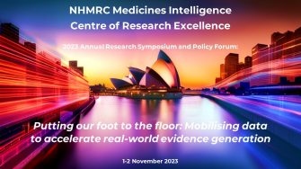 Futuristic looking harbour with opera house covered in text