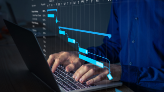 Project manager working on Gantt chart to update the schedule, tasks and milestones progress for the team. Management diagram on computer screen with person coordinating teamwork.