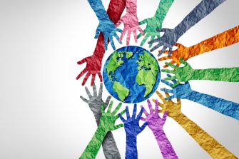 Global culture and world diversity or earth day and international cultures as a concept of diverse races and crowd cooperation symbol as hands holding together the planet earth.