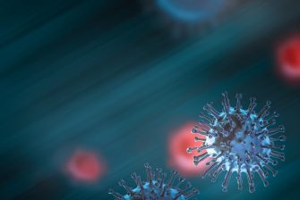 Covid-19 virus, coronavirus, virus floating in a cellular environment. 3D rendering. Free space for text, copy space, banner