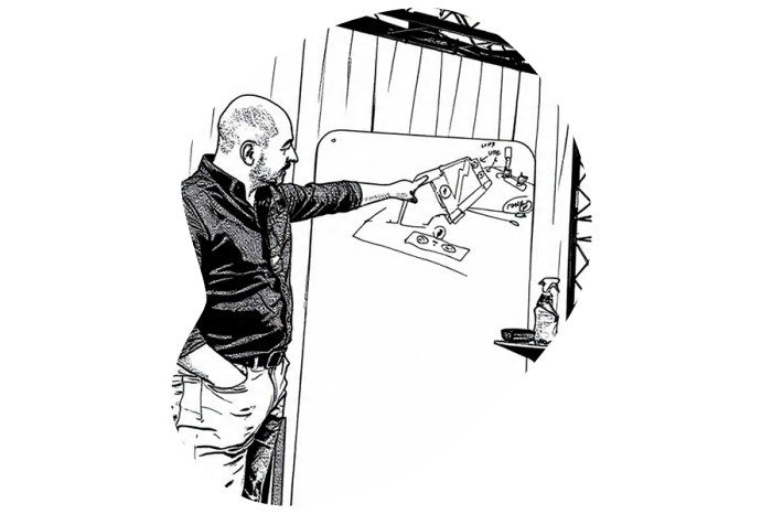 Illustration of a person gesturing to a lectern design