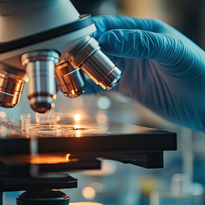 Crop view of hand of researcher in blue rubber gloves using medical equipment for doing test in laboratory. --ar 16:9 --v 6.1 Job ID: b6e3557b-8b3f-434d-b6a3-422d4d0b6a8d