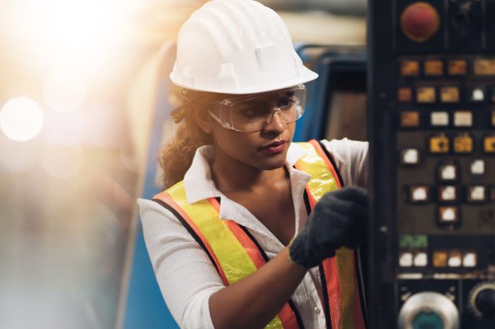  worker, woman Quality control, maintenance, check in factory, warehouse Workshop for factory operators, engineering team Space and background for text