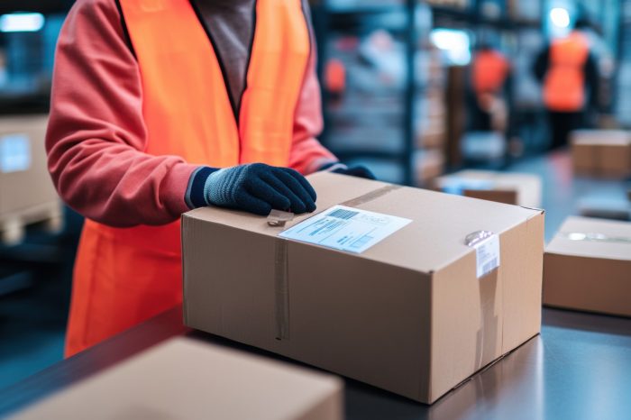 A worker in an orange safety vest carefully handles cardboard box in warehouse setting, showcasing importance of logistics and organization in shipping operations.