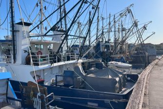 Fishing vessels lines up along a dock