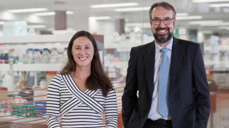 UNSW Associate Professor Kate Quinlan and Professor Merlin Crossley outside the the laboratory UNSW Kensington.