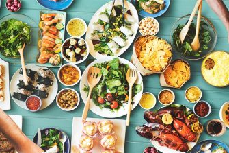 A table set with plates of food