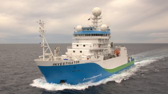 A photograph of the CSIRO RV Investigator port side, out at sea