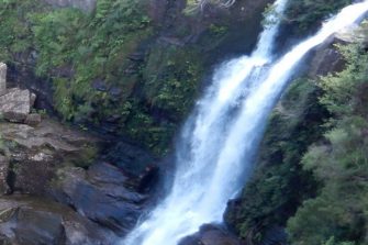 Rocky landscape with trees and waterfall