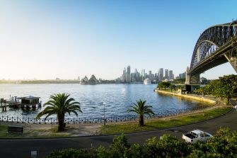 View of Sydney city from Kirribilli with Opera House in the centre and the Harbour Bridge on the right