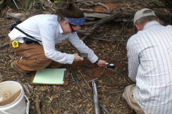 Scientist taking measurements in soil