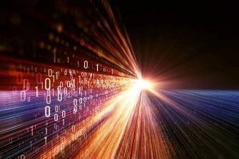 Technology background of binary code flying through a vortex, background code depth of field. Binary code  background with lens flares. Transferring of big data. 3d rendering