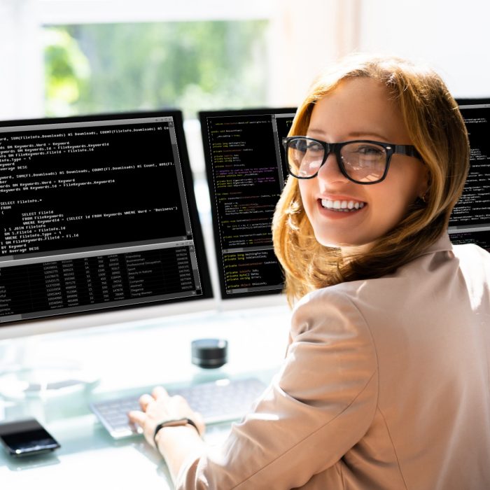 Programmer Woman Coding On Computer. Coder Girl