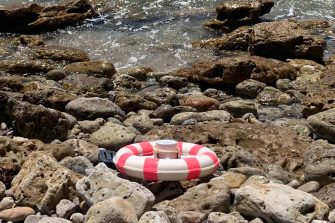 A drifter washed ashore on a rocky coast