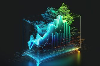 Trading business green economy chart on dark colorful neon background. Financial stock market graph on technology abstract background. AI