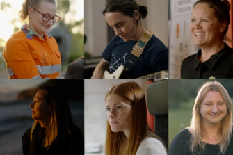 Collage of six individuals in different settings, each wearing varied clothing styles. Visible contexts include:  High-visibility workwear outdoors Playing guitar indoors Casual black shirt in a workplace Dimly lit outdoor setting Seated indoors with long hair visible Outdoor setting with greenery in the background. All faces are intentionally obscured.