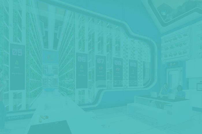 A screenshot of the Plants 4 Space game, which depicts a plant-growing station aboard a spacecraft, likely set in the future with a teal overlay