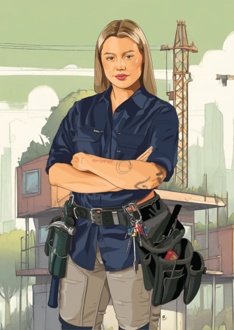 Illustration of Bardie, construction worker wearing a navy utility shirt and beige work pants, equipped with a tool belt holding various tools and keys, standing with arms crossed in front of a building site with scaffolding and a crane in the background.