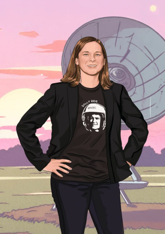 Illustration of Lisa Harvey-Smith standing outdoors in front of a large radio telescope dish at sunset, wearing a black blazer over a T-shirt with the text “SALLY RIDE” and an astronaut helmet graphic, paired with dark pants.