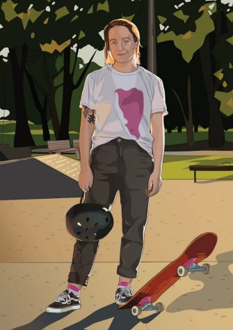 Illustration of Meredith standing in a skate park holding a black helmet, with a red skateboard on the ground. Wearing a white T-shirt with a pink abstract design, dark pants, pink socks, and black sneakers.