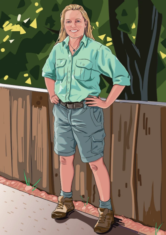 Illustration of Phoebe standing outdoors in front of a wooden fence with trees in the background, wearing a light green button-up shirt, knee-length shorts, and sturdy shoes.