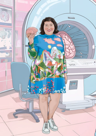 Illustration of Sharna standing in a bright lab setting with an MRI scanner and brain diagrams in the background, wearing a colorful dress with a nature-inspired design and holding a model of a brain in one hand.