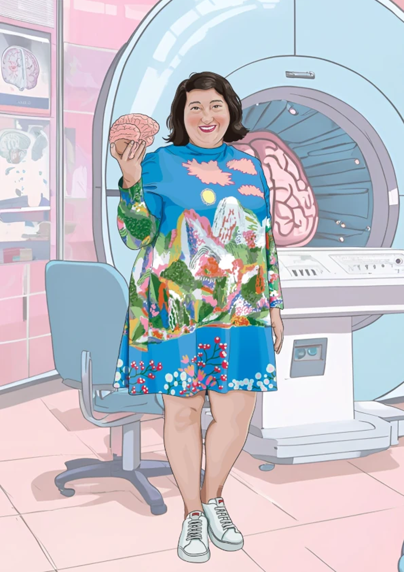 Illustration of Sharna standing in a bright lab setting with an MRI scanner and brain diagrams in the background, wearing a colorful dress with a nature-inspired design and holding a model of a brain in one hand.
