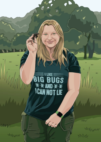 Illustration of Skye standing outdoors on grass with trees in the background, wearing a dark T-shirt that reads “I LIKE BIG BUGS AND I CAN NOT LIE,” holding a large insect in one hand and dressed in casual pants with a smartwatch.