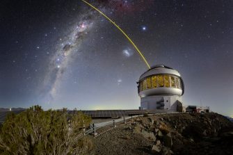 Gemini South, one half of the International Gemini Observatory, a Program of NSF’s NOIRLab, is seen here with its laser guide star in action. Both of the Gemini telescopes use laser guide stars to provide data for the calibration of their adaptive optics, systems of deformable mirrors that compensate for fluctuations in the upper atmosphere which can blur the images of distant stars and galaxies. The laser excites trace gas particles high in Earth’s upper atmosphere. Software then analyzes feedback from the laser to provide a model for the adaptive optics to map against. The laser guide stars can also be augmented by additional adaptive optics systems that use images of real stars from the telescope itself, such as the Natural Guide Star Next Generation Sensor (NGS-2). This photo was taken as part of the recent NOIRLab 2022 Photo Expedition to all the NOIRLab sites.