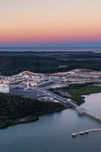 Santos GLNG on Curtis Island with the coral sea in the background, Gladstone Region, Queensland