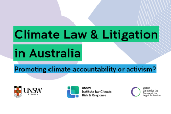 Text reading Climate Law & Litigation in Australia. Subtext reading Pro oting climate accountability or activism? 
