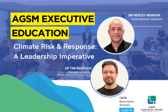 Text reading AGSM Executive education - Climate risk and response a leadership imperative with headshots of Wes Morgan and Tim Raupach