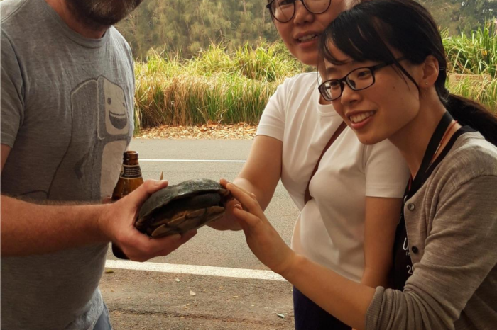 James saved a turtle on the road, Centennial Park (Dec 2019, left to right: James, Shuree, Xueqian)