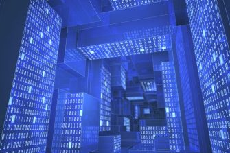 Tunnel composed by zeros and ones in a concept of cloud computing, data storage and processing