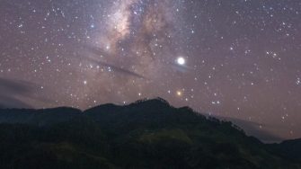 Wide angle scenics Milky Way background above rice field and mountain .Starry night sky with Beautiful Universe. Space night background with galaxy with copyspace