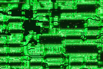 Green circuit board with  components.