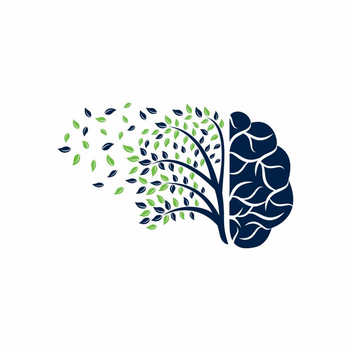 Modern brain tree logo design. wind blowing through leafs.