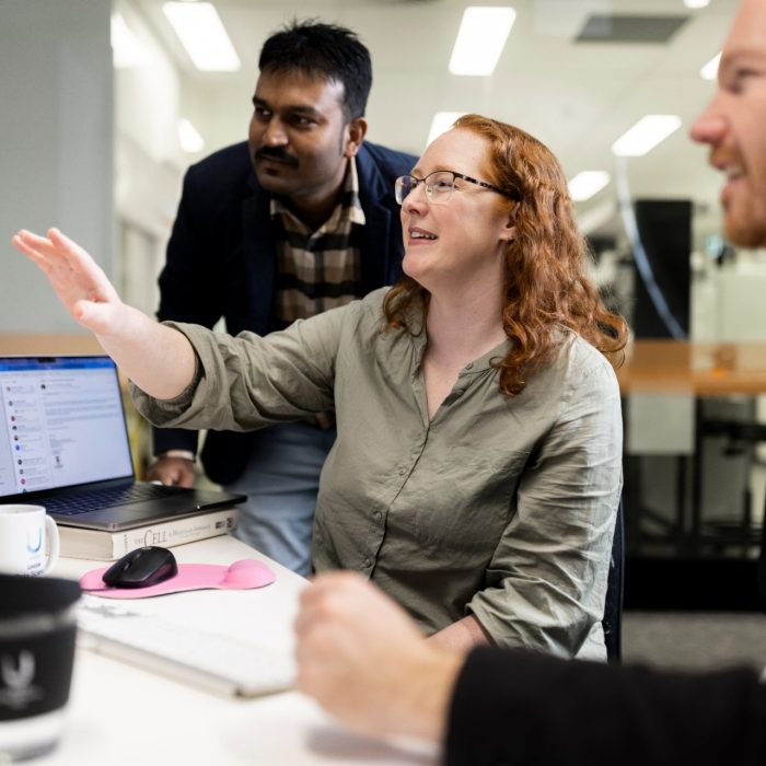 Rohit Chandra, Sarah Martell, and Jan Zika collaborating at office desk, looking at computer monitor