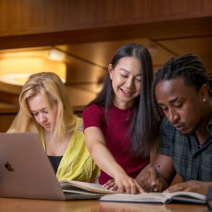 Students studying with laptops and notebooks in library